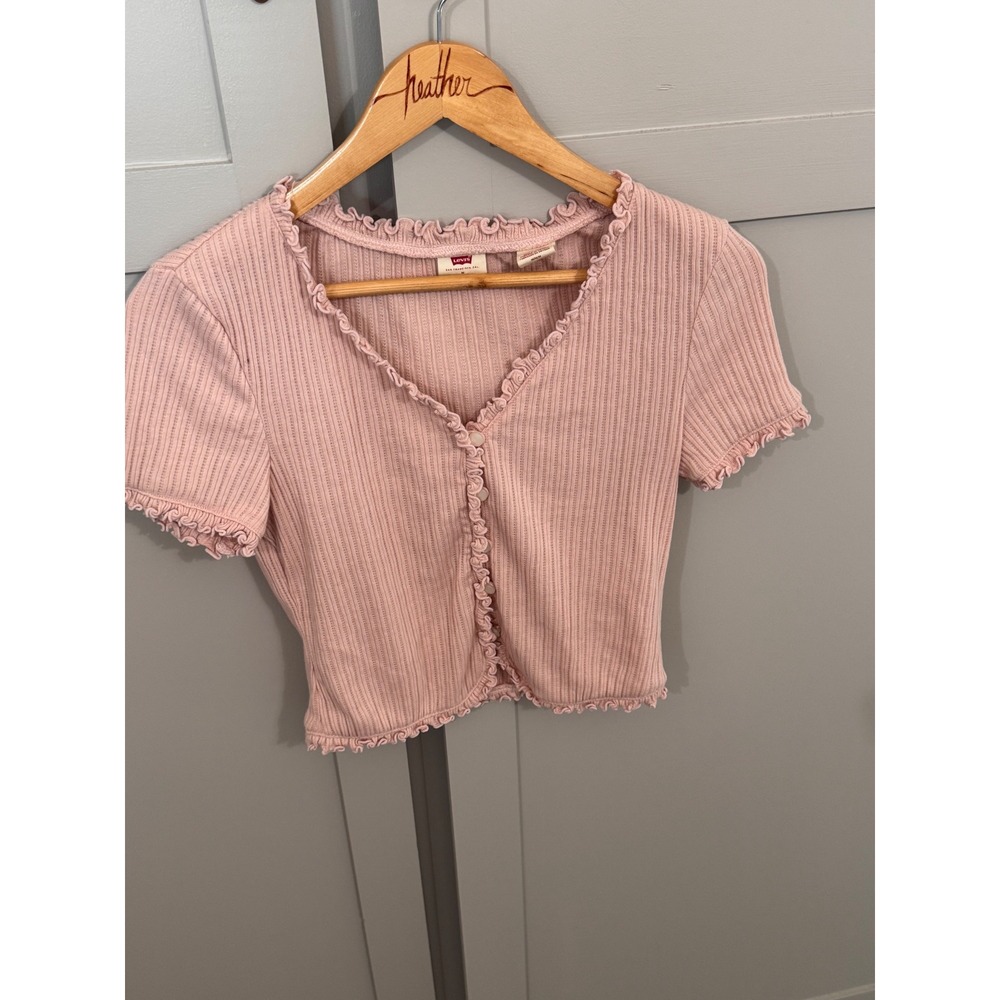 Levis Womens Pink Ribbed Lettuce Edge Short Sleeve Cardigan Top Size M